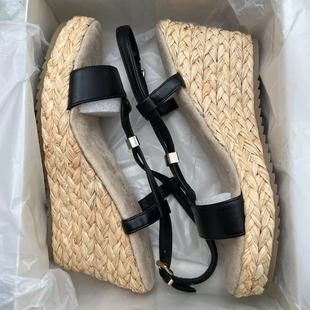 Anne Klein Akwanessa Women’s Espadrille‎ Wedge Sandals Size 9 Black-Tan Strappy